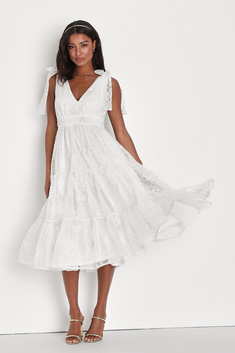 White Tiered Midi Dress - Embroidered Dress - Tie-Strap Dress - Lulus