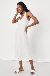 Sincerely Perfect White Ribbed Button-Front Midi Dress