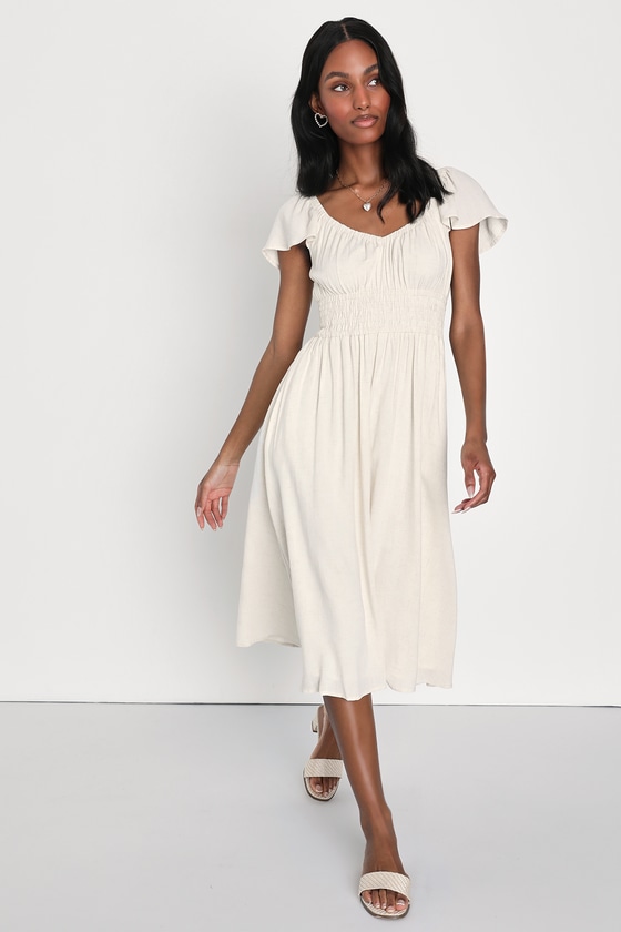 Madrid Memories Beige Linen Midi Dress With Pockets