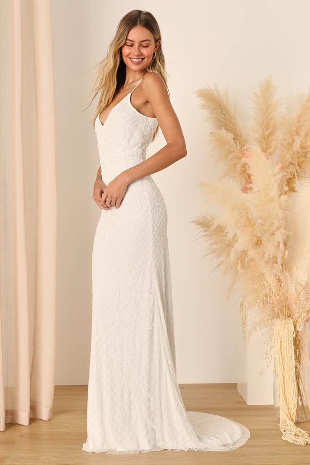 White Mesh Beaded Sequin Mermaid Maxi Dress | Womens | X-Small (Available in M, L) | 100% Polyester | Lulus