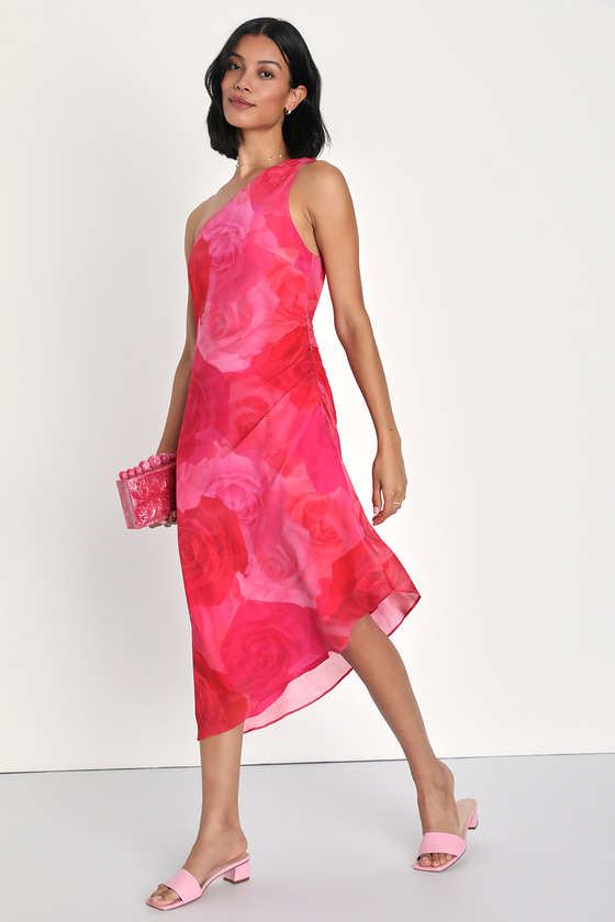 Pink Floral Dress - One-Shoulder Midi Dress - Asymmetrical Dress - Lulus