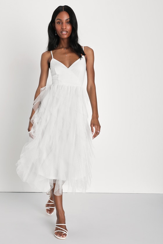 Lulus Breathtaking Essence White Mesh Swiss Dot Ruffled Midi Dress
