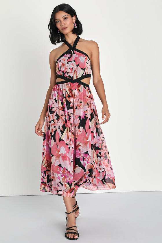 Lulus Destined For Attention Black Floral Cutout Halter Midi Dress In Pink