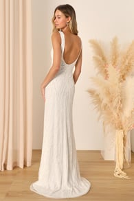 Glamourous Ever After White Sequin Beaded Backless Maxi Dress