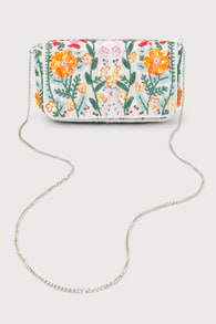 Brave Blooms White Multi Floral Beaded Sequin Clutch