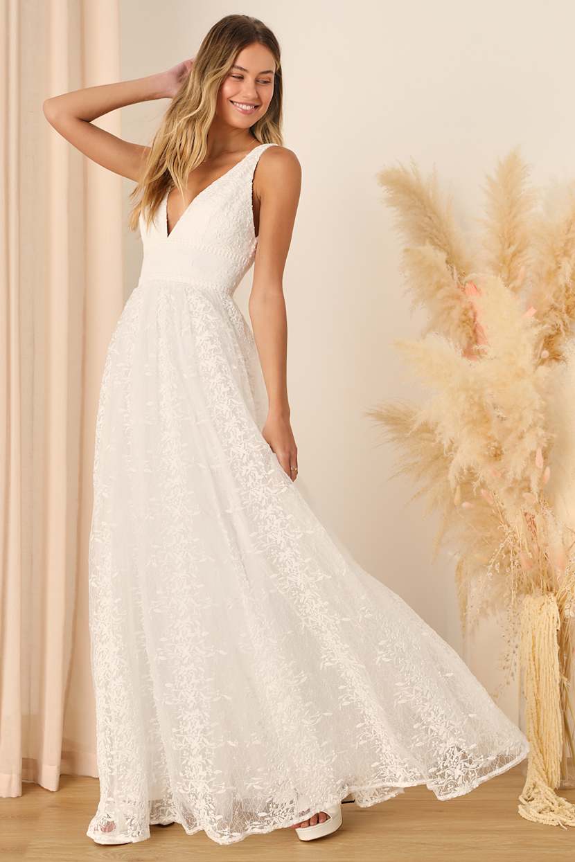 White A-Line Maxi Dress - Mesh Embroidered Dress - Tulle Dress - Lulus