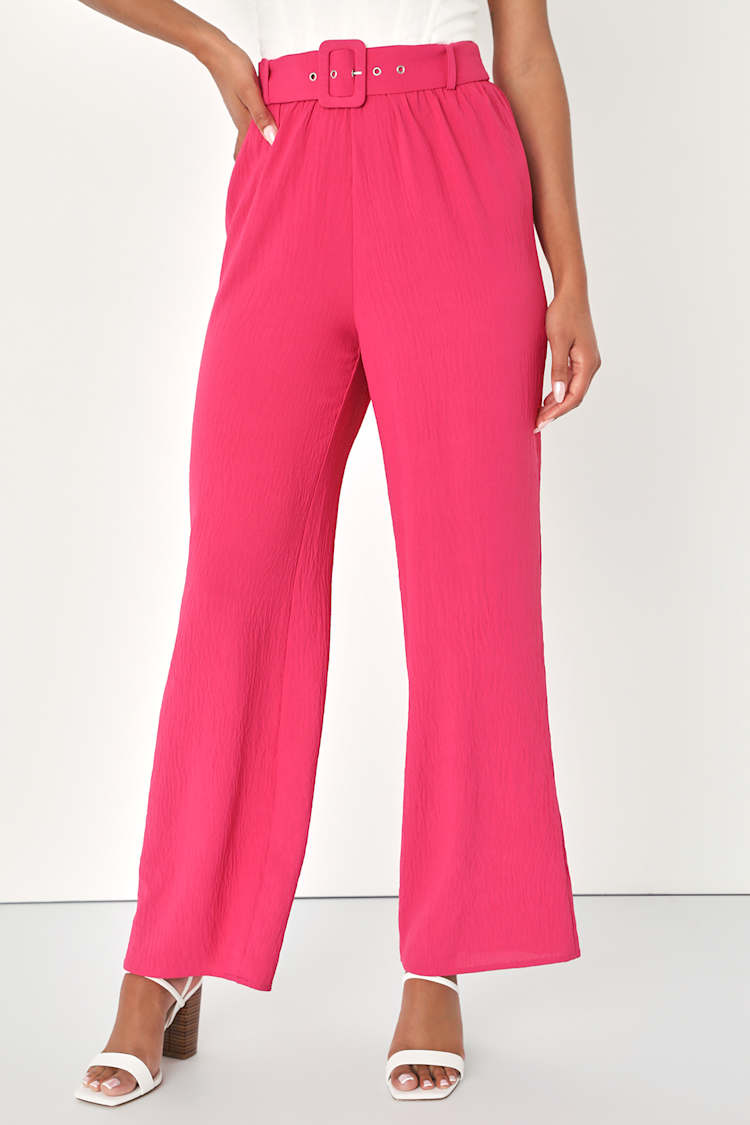 Pink Belted Pants - High-Waisted Pants - Wide-Leg Pants - Lulus