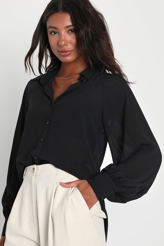 Black Chiffon High-Low Top - Raglan Sleeve Top - Collared Top - Lulus