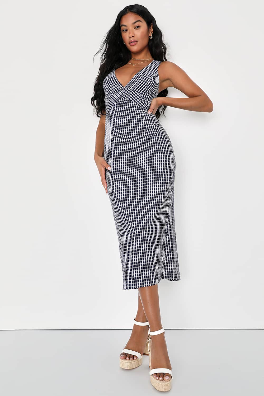 Charming Inspiration Navy Blue Gingham Backless Midi Dress