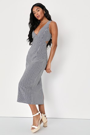 Navy Blue Gingham Dress - Backless Midi Dress - Midi Dress - Lulus
