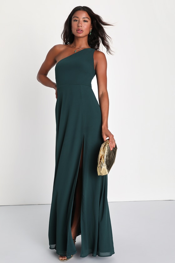 Lulus Elegant Admiration Emerald Green One-shoulder Maxi Dress
