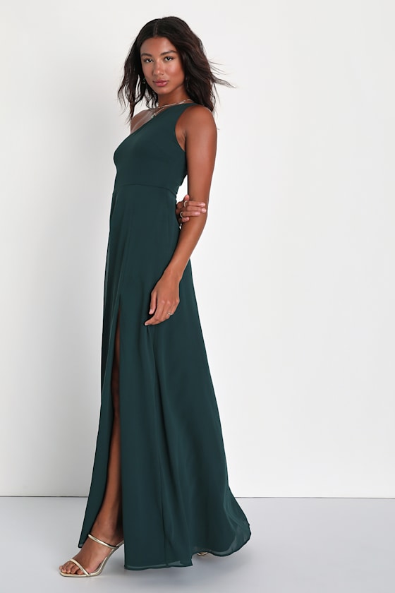 17009 Emerald Green One Shoulder Embroidered Princess Dress