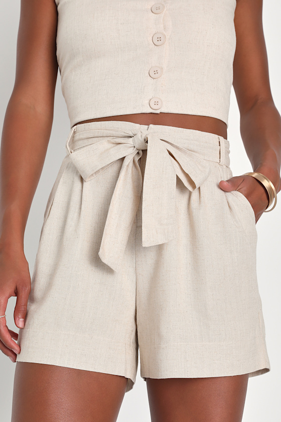 Beige Linen Blend High Waisted Shorts