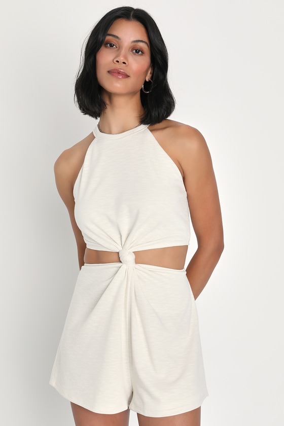 Lulus Relaxed Aura Ivory Knotted Cutout Lounge Romper