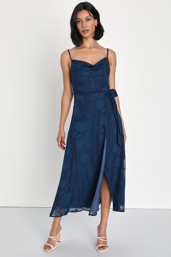Navy Blue Dress - Floral Faux Wrap Dress - Cowl Midi Dress - Lulus