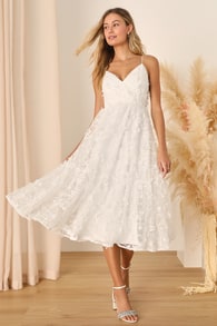 Springtime Soiree White Sequin 3D Floral Applique Midi Dress