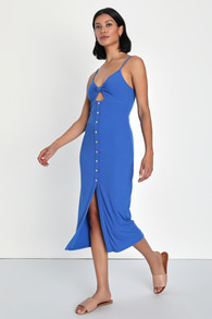 Sultry Sunshine Royal Blue Ribbed Knit Cutout Bodycon Midi Dress