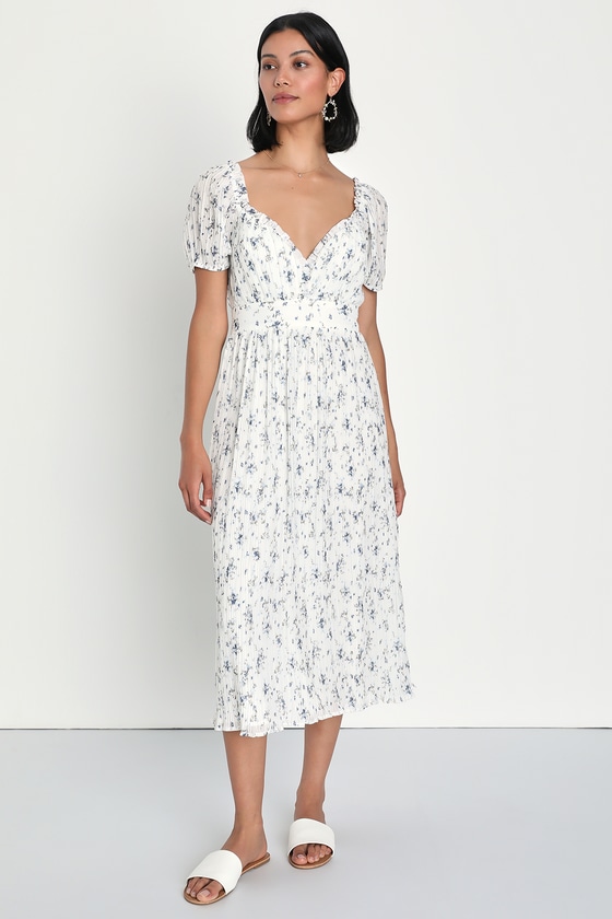 Romanticizing Life White Floral Print Puff Sleeve Midi Dress