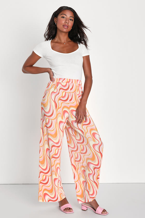 Lulus Gettin' Groovy Orange Multi Print Plisse Wide-leg Pants