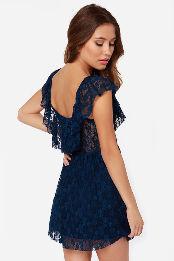 Cute Dark Blue Dress Lace Dress 37.00