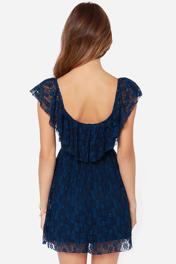 Cute Dark Blue Dress Lace Dress 37.00