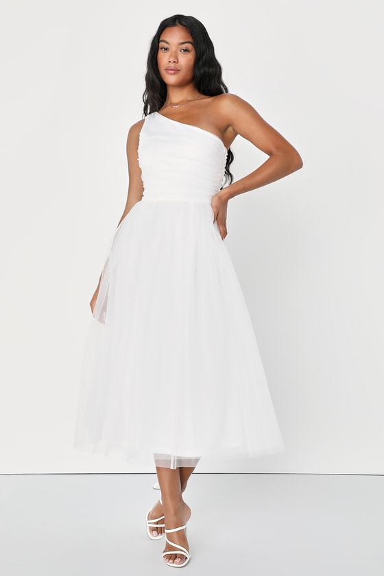 Dramatic Perfection White Tulle Sleeveless Tiered Midi Dress