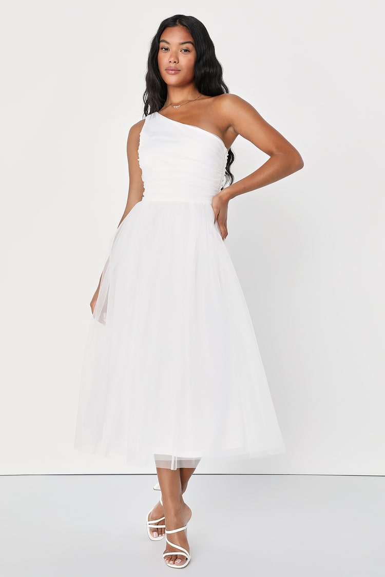 Already Perfect White Tulle One-Shoulder Midi Dress