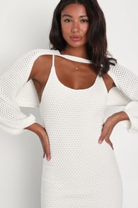 Good Feeling White Crochet Two-Piece Mini Sweater Dress