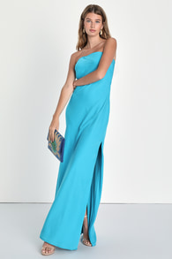 Exquisite Excellence Turquoise Satin Strapless Maxi Dress