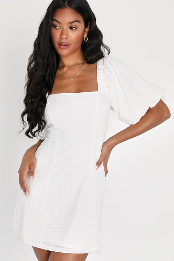 Lulus Strolling The Seine White Plaid Burnout Puff Sleeve Mini Dress