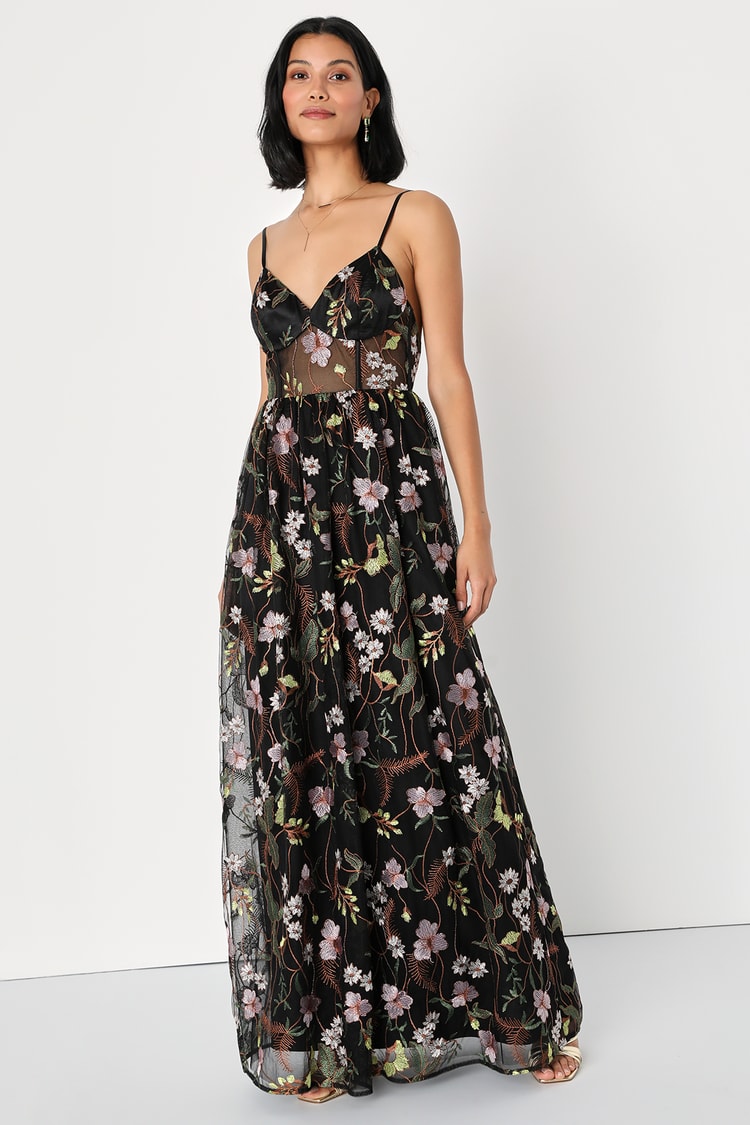 Radiant Fantasy Black Floral Embroidered Tulle Maxi Dress