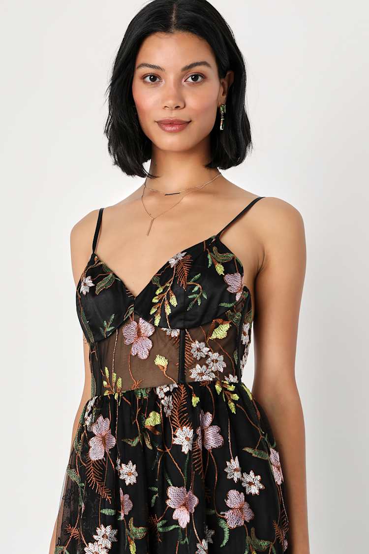 lulus black floral embroidered dress Romantic Beauty Black Floral Embroidered Strapless Maxi Dress