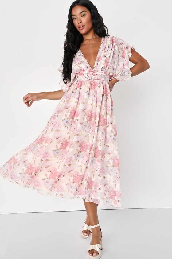 Lulus Eclectic Elegance Blush Floral Jacquard Lace-up Midi Dress In Pink