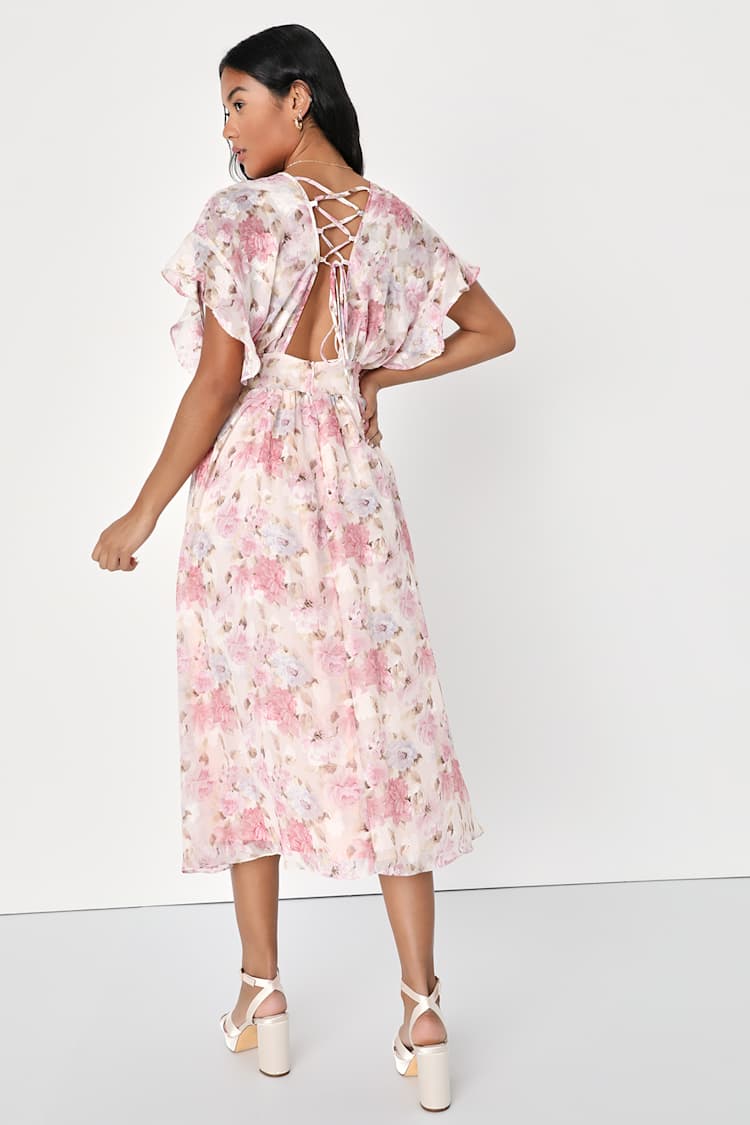 strapless open back dress Rent ASOS DESIGN Flutter Sleeve Tie Back Midi Tea Dress In Mixed Metallic  Floral