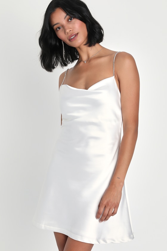 White Mini Dress - Satin Mini Dress - Rhinestone Strap Dress - Lulus