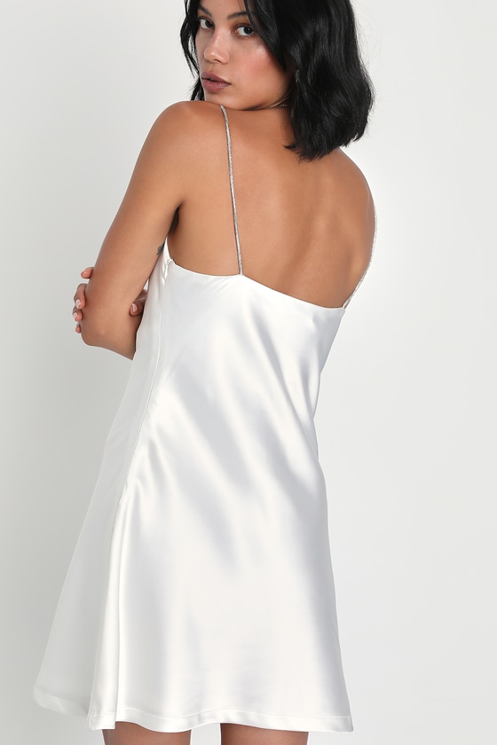 White Mini Dress - Satin Mini Dress - Rhinestone Strap Dress - Lulus