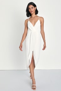 Stylish Invite White Swiss Dot Surplice Midi Tulip Dress