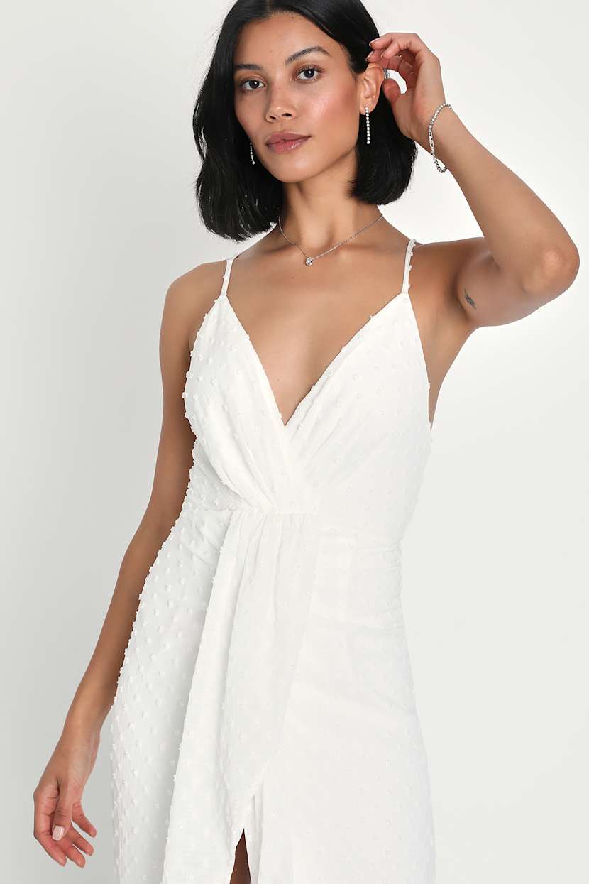 White Surplice Dress - Swiss Dot Dress - Tulip Midi Dress - Lulus