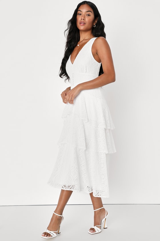 Lulus Maximum Poise White Lace Sleeveless Tiered Midi Dress