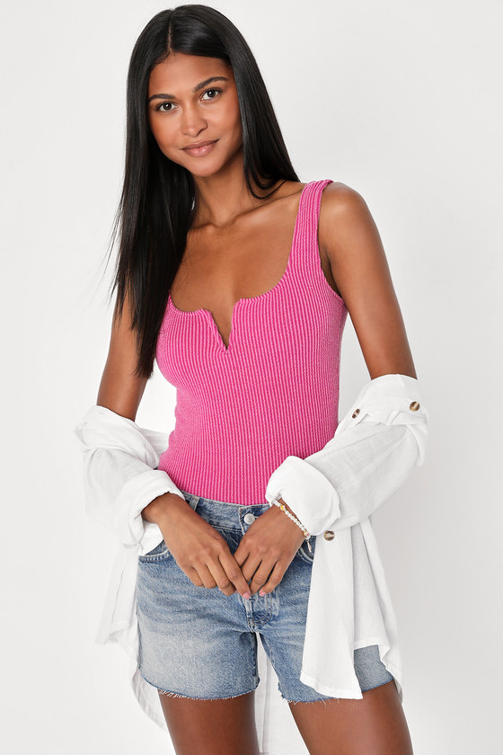 Magenta Ribbed Tank Top - Notch Neck Tank Top - Sleeveless Top - Lulus