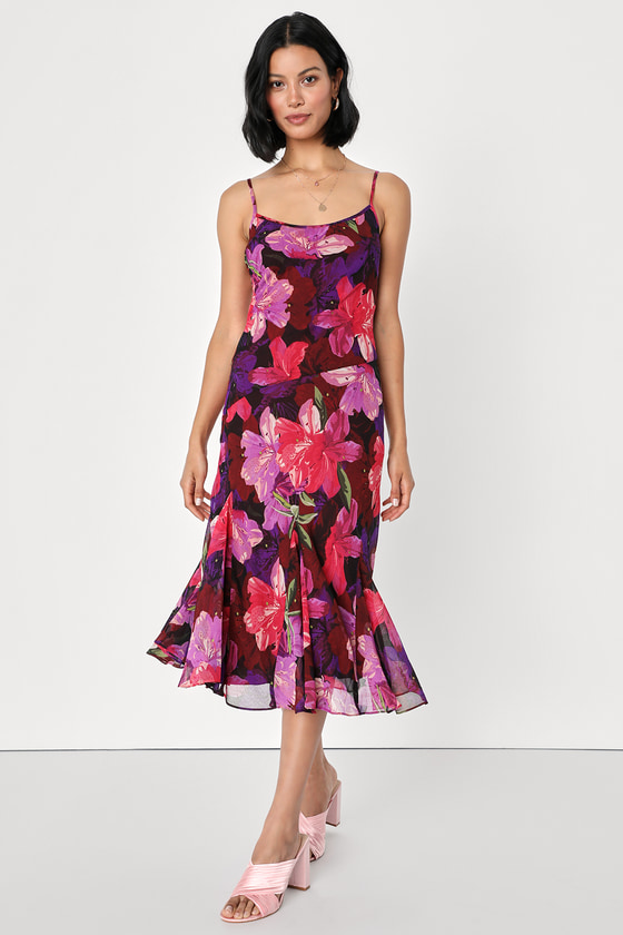 Lulus Sipping Sangria Burgundy Multi Floral Print Slip Midi Dress