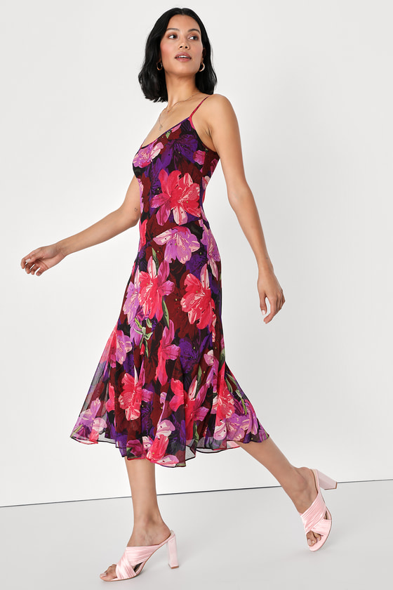 Burgundy Floral Dress - Slip Midi Dress - Chiffon Slip Dress - Lulus