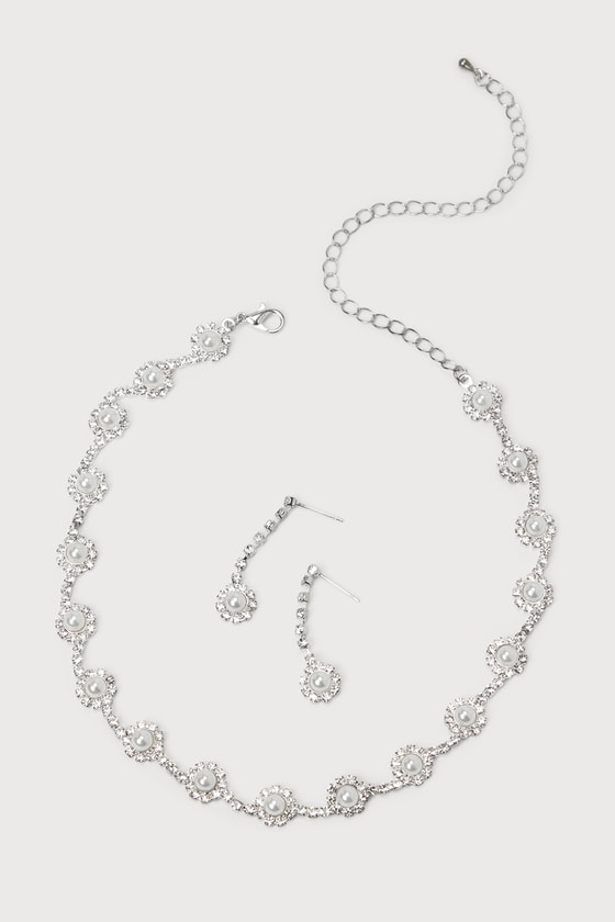 Lulus Elevated Luxury Silver Rhinestone Pearl Necklace And Earring Set