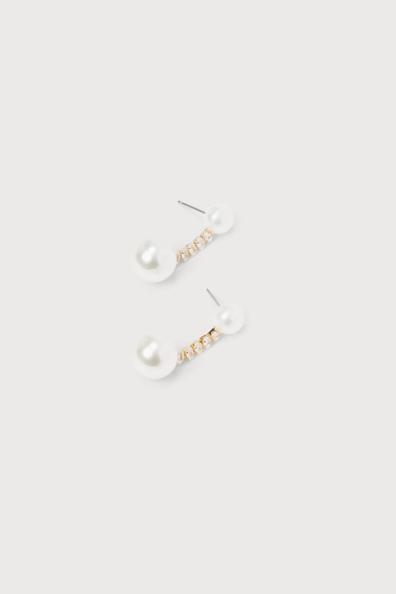 Lulus Amazingly Elevated Gold Rhinestone Pearl Drop Earrings