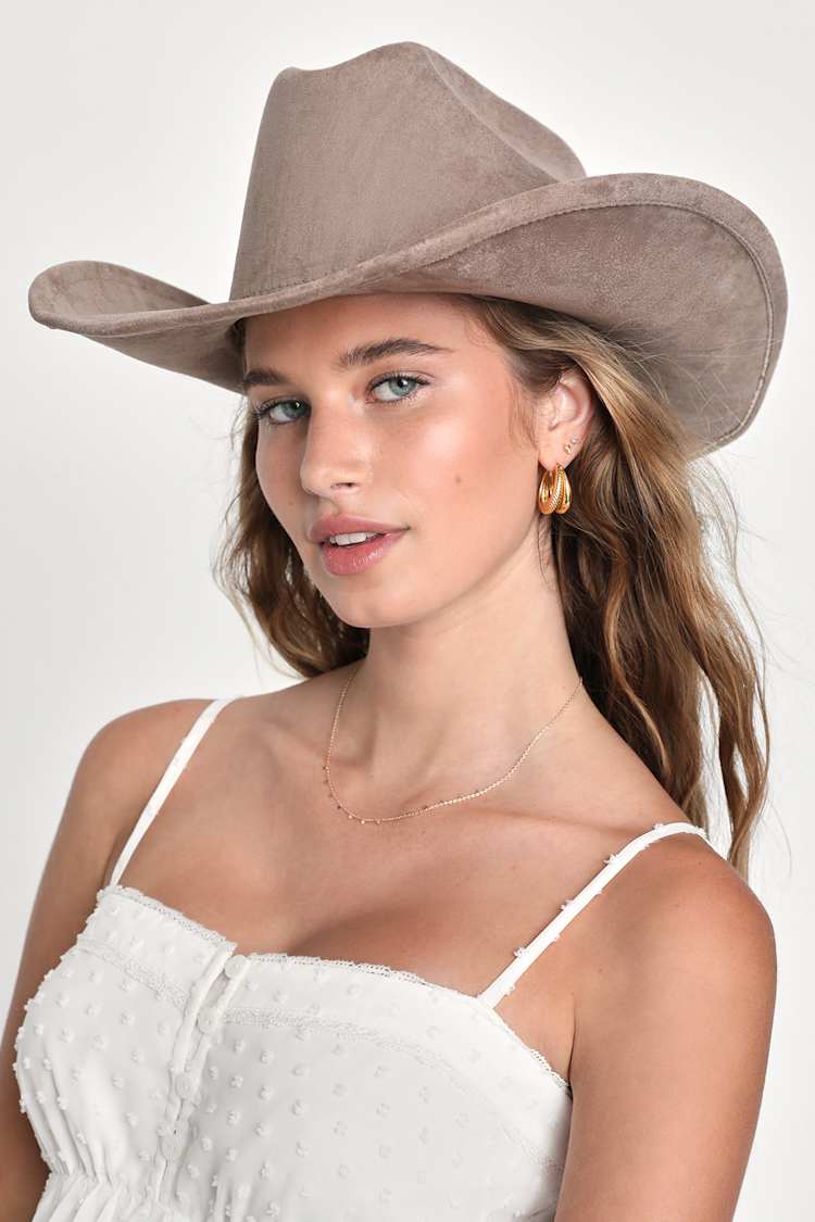 Faux Suede Cowboy Hat - Taupe Cowboy Hat - Festival  display picture 1
