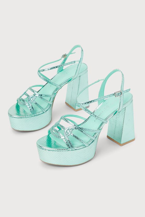 Chinese Laundry No Prob Mint Snake-embossed Platform Ankle Strap Sandal Heels In Green