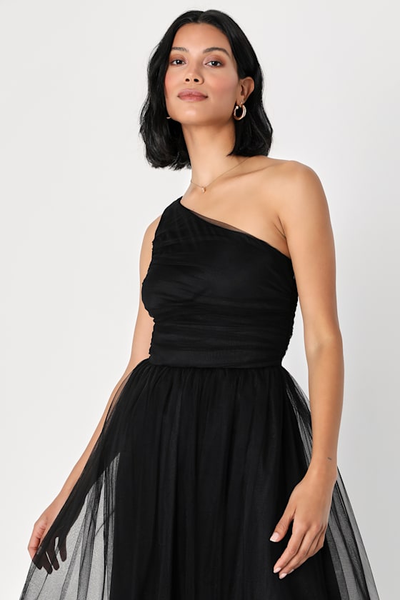 4612079 Black One Shoulder Tulle Dress