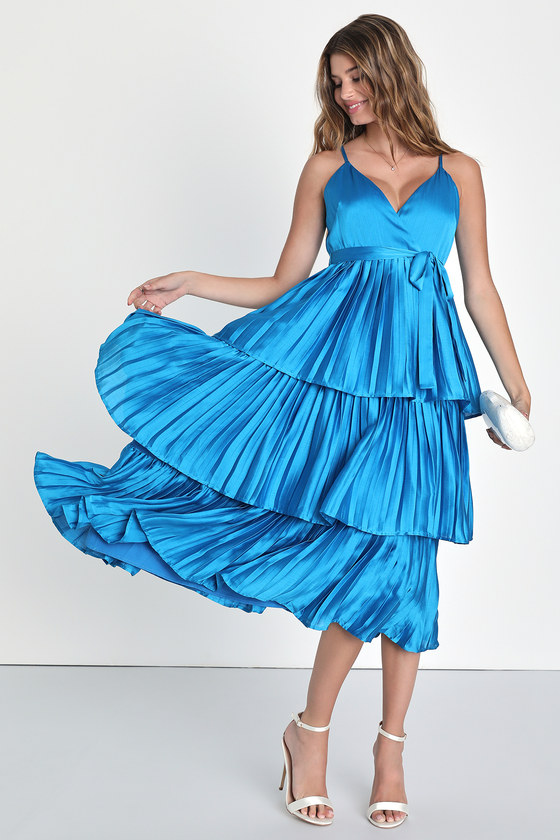 Lulus Celebrated Vibe Bright Blue Tiered Pleated Midi Dress
