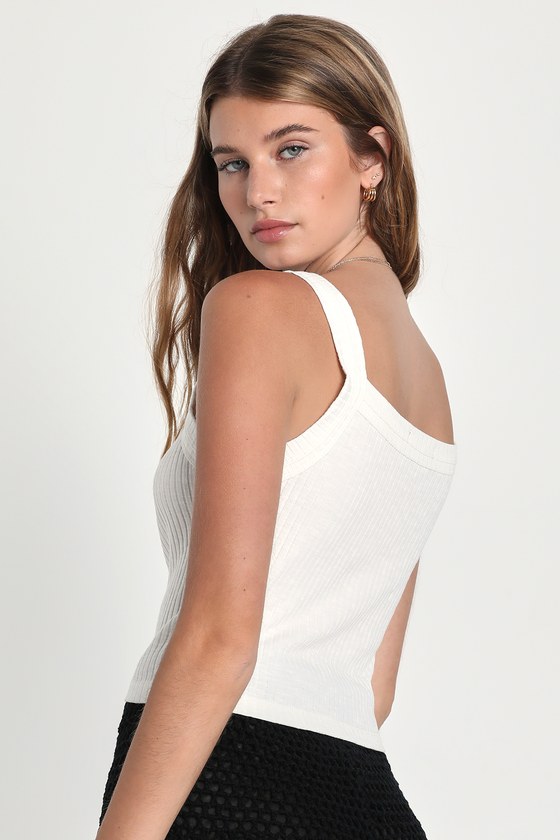 Ivory Ribbed Tank Top - Square Neck Tank Top - Cropped Tank Top - Lulus