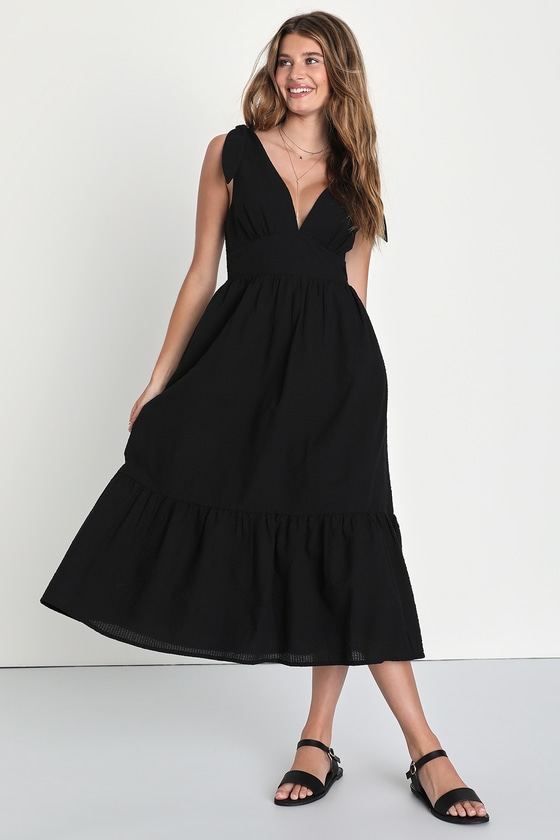 Black Smocked Midi Dress - Tie-Strap Midi Dress - Cute Midi Dress - Lulus